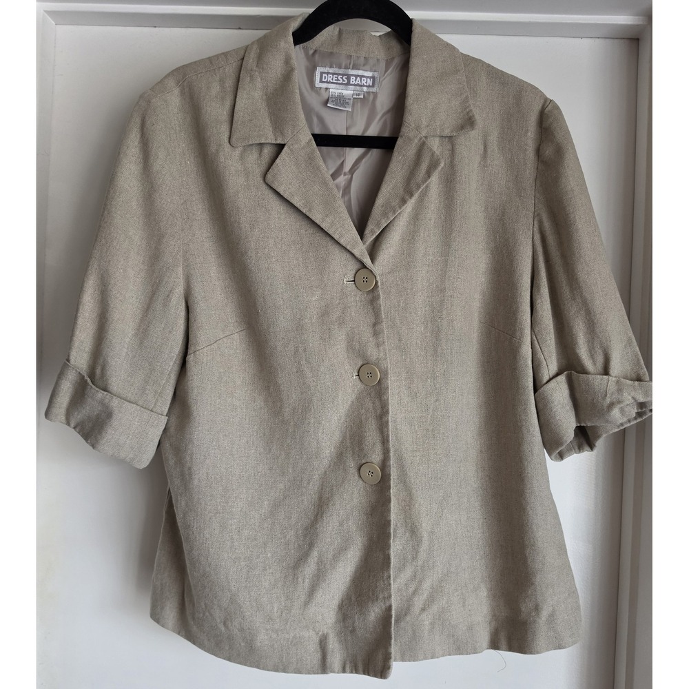 Dress Barn Women Blazer Size 14 Beige Solid Short Sleeve Linen Jacket Coat